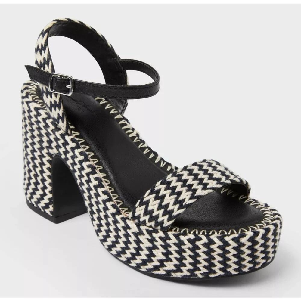 Boho Woven Platform Heels 7 Black White Chunky Heel Ankle Strap Sandals